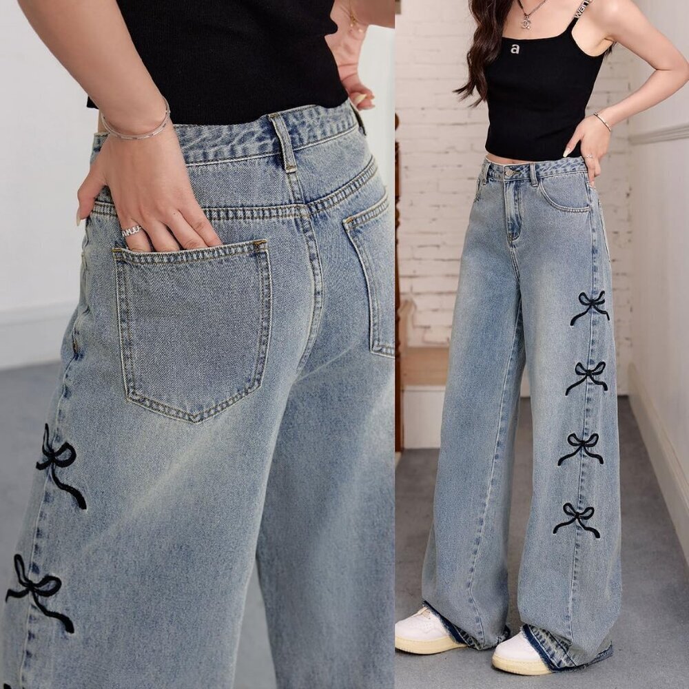 Women's Vintage Denim Jeans High Waist Baggy Straight Casual Y2K - Picture 4 of 9